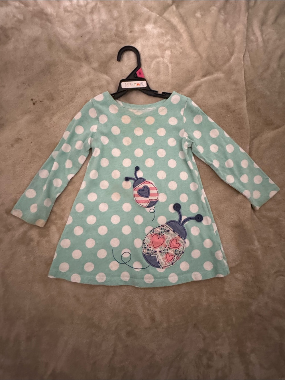 J. Khaki Mint Green Polka Dot Long-Sleeve Dress with Heart Bug Appliqués